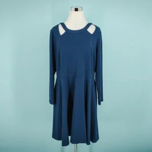 Eloquii Size 16 Blue Crew Neck Long Sleeve Cut Out Details Fit Flare Dress - Picture 1 of 7