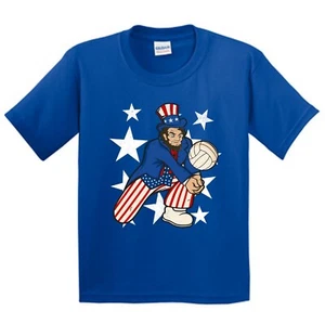 Abraham Lincoln Playing Volleyball Funny 4th of July Blue T-Shirt (Youth) - Picture 1 of 2