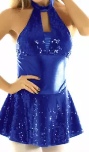 Blue Ice Figure Skating Dress Halter Shiny Sequins Costume Women's Small - Picture 1 of 7