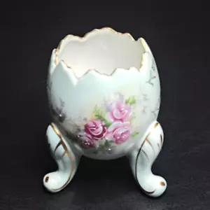 Vintage Porcelain 3-Footed Cracked Egg Pink Roses/Gold Accents Inarco Vase 1962 - Picture 1 of 7