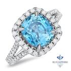 Certified 5.04ct. Cushion Natural Blue Zircon Ring w/ Diamonds in 18K White Gold