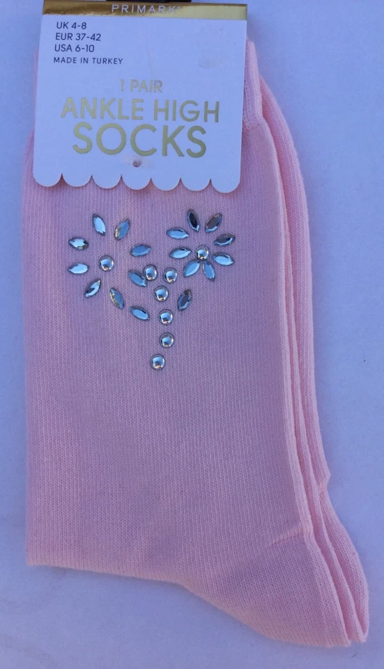 Calcetines rosas para damas/niñas mayores con detalles de flores de diamante. Foto 1 de 1