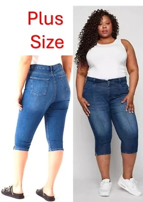 Ladies Womens Denim Shorts 3/4 Crops Stretch Fit Jeans Pedal Pushers PLUS SIZE - Image 1 of 4