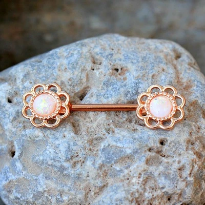 PAR de barra de pezón de flor de ópalo sintético enchapada en oro rosa Foto 1 de 4