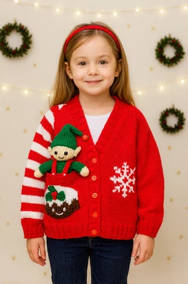 LLAMZ DESIGNS Knitting Pattern Christmas Cardigan Pudding Pocket Elf Toy DK Boys Girls 22 -32"