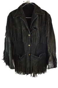 Black Leather Tassel Jacket Chest size 38" Womens Vintage Casual Outdoors - Picture 1 of 8