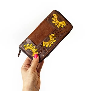 Cartera Western de cuero de vaca de girasol - Bolso sin asas con ranuras para tarjetas - Imagen 1 de 6