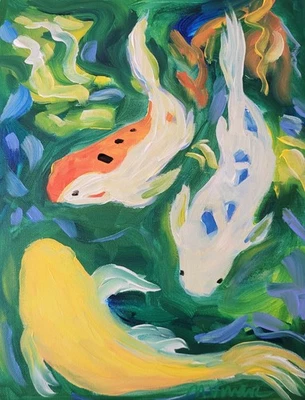 Pintura expresionismo abstracto estanque Koi colorido original 11x14 MONA VIVAR Foto 1 de 4