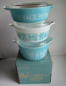 Vintage Pyrex Butterprint Complete Set of 3 Casseroles 470•19 Turquoise in BOX - Picture 1 of 17