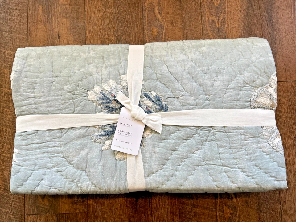 Pottery Barn Coral Reef Embroidered Quilt Full Queen Beach Blue New - Image 1 of 2