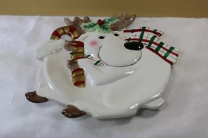 Plaid Christmas Canape Plate Fitz & Floyd Reindeer Candy Cane  - Picture 1 of 3