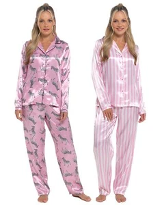 Satin Button Pyjamas Long Sleeve Traditional Silky Zebra Stripe Pyjama Set - Picture 1 of 9