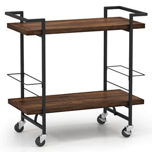2-tier Home Bar Cart Home Bar Cart w/ Lockable Wheels & Anti-fall Guardrail - Picture 1 of 9