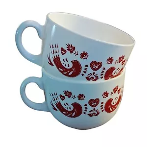 Beautiful Vintage Milk Glass Pyrex Mug Cup Set of 2 Red White Farmhouse - Picture 1 of 3