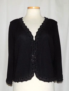 Chaqueta recortada Misook negra con rejilla de diamante tejida lentejuelas y malla 3/4 Slv 2 ganchos L - Imagen 1 de 6