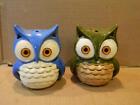 2 Ceramic 5 3/4" Owl Incense Burner or Votive Candle Covers Blue & Green Vintage
