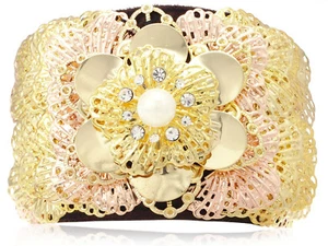 Gold and Pink Tone Flower Petal Burst Clear Rhinestone Pearl Brown Band Bracelet - Picture 1 of 4