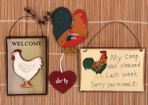 Letrero de madera 3D placas craqueladas rústico primitivo bienvenida gallina pollo conjunto de 3 - Imagen 1 de 2