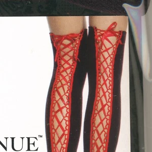 SEXY BLACK OPAQUE THIGH HI WITH RED EYELET TRIM SATIN LACE UP BACK LEG AVENUE - Picture 1 of 2