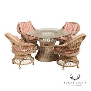 Vintage Boho Style Wicker Rattan Five Piece Dining Set - Picture 1 of 12