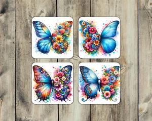 4 Posavasos Mariposas Azules, 4x4", 4mm Grosor, Neopreno, Antideslizante, Resistente, (4sq25) - Imagen 1 de 1