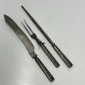Vtg 3-Piece CARVING SET Knife Steel Fork Sharpener Brocade Damask Handles 13” - Picture 1 of 19