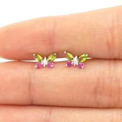 14K White Gold Peridot & Ruby Butterfly Baby Screw Back Stud Kid Earrings - Image 1 of 4