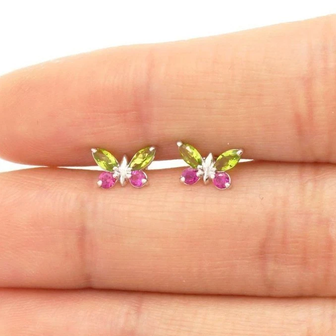 14K White Gold Peridot & Ruby Butterfly Baby Screw Back Stud Kid Earrings - Image 1 of 4