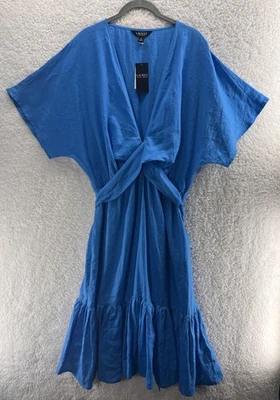Lauren Ralph Lauren Midi Dress Size 14 Blue Linen Tiered Ruffle Hem Resort Beach - Image 1 of 4