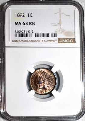 NGC MS-63 RB 1892 Indian Head Cent, Blazing, Predominately Red specimen. - Image 1 of 2