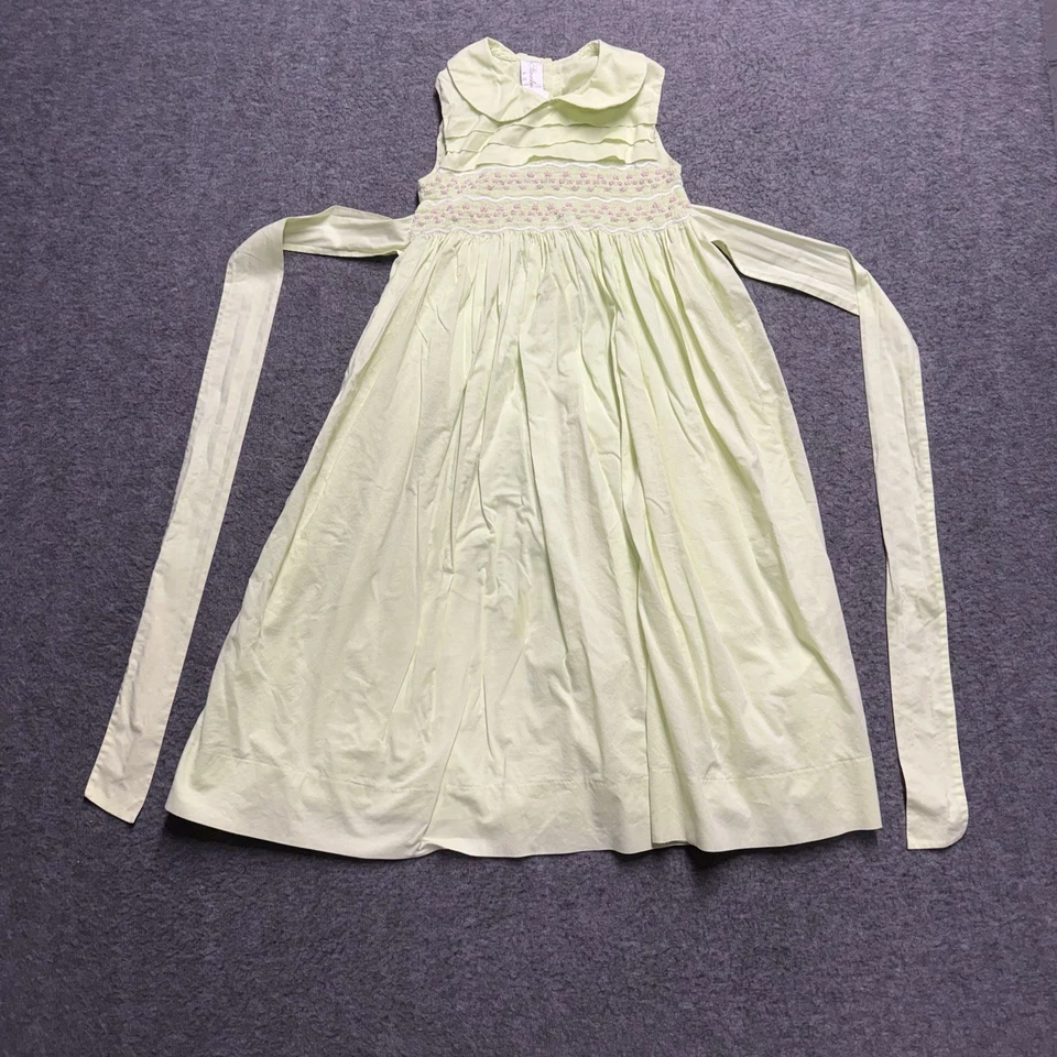 Strasburg Smocked Bodice Dress Girls 7Y Green/Pink Sleeveless Tie Back Long - Image 1 of 4