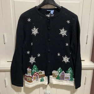 Holiday Editions Size XL Embroidered Snowflake Christmas House Ugly Sweater Bead - Picture 1 of 10
