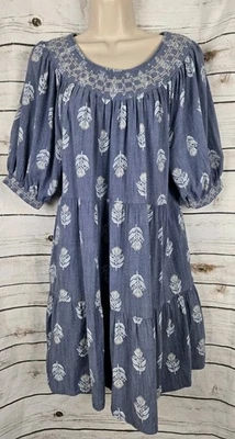 Old Navy Chambray Mini Dress M Puff Sleeve Embroidered Tiered Blue Cottagecore - Image 1 of 4