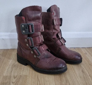 Fly London Biker Boots Gr. UK 4 EU 37 Rot Combat Stif Schnallen Leder Combat - Bild 1 von 10