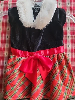 Pet Christmas Dress Size Med Fur Collar, Black Velvet, Red Green Gold Plaid. New - Image 1 of 4