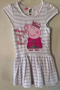Peppa Pig-sz 6x-Silver-Glitter & White-Striped-Dress-Huge Appliqué-Peppa - Picture 1 of 5