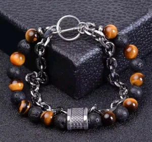 Tigers Eye Stress Relief Obsidians Mens Bracelets 8mm Beads With Stainless Steel - Picture 1 of 7