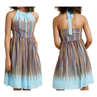 Modcloth Blue Rainbow Stripe Chiffon Halter Dress Pockets Knee Length Size S - Image 1 of 4