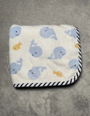 Manta Bebé Ballenas Azules Peces Dorado Blanco Terry Tela Toalla Recepción Borde Rayas Foto 1 de 4