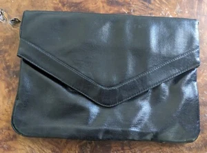 Vintage Black Leather Envelope Clutch Handbag Built-In Mirror - Picture 1 of 8