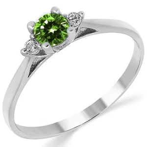14K Solid White Gold Lab Created Emerald Three Stone Engagement Promise Ring - Picture 1 of 4