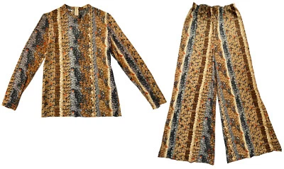 Pheasant Feather Print 2-Piece SET Pants & Top Vintage Sandflower by Weber Sz 10 - Image 1 of 4