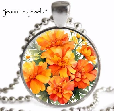 Marigold Flowers NECKLACE Silver Charm Pendant Orange Watercolor Floral Art — 第 1/4 张图片