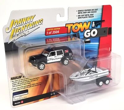 Johnny Lightning 1/64 Jeep Cherokee XJ Police With Boat & Trailer Model Car - Photo 1/3