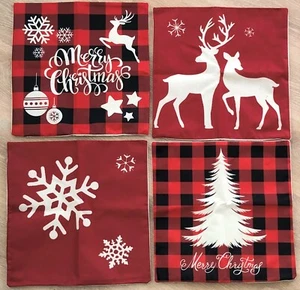 Christmas Pillow Covers 18x18 Set of 4 Rustic Buffalo Plaid Red Christmas Decor - Picture 1 of 9