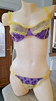 Sujetador John Galliano púrpura/amarillo seda damasco/red de pesca/tul suave U/W Balconette Foto 1 de 4