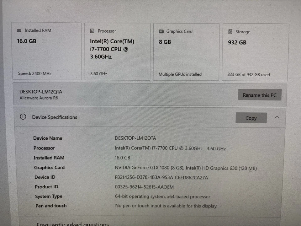 Alienware Aurora R6 Gaming Desktop I7-7700 CPU @ 3.60GHz 16 GB Nvidia GTX 1080 - Image 1 of 4