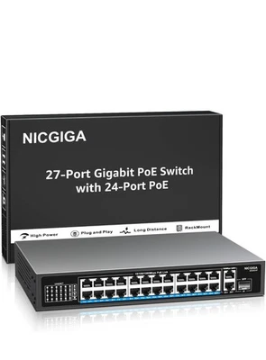 NICGIGA 24-Port Gigabit PoE+ Switch 300W w/ 2 Uplink Ports & 1 SFP Unmanaged - Image 1 of 4