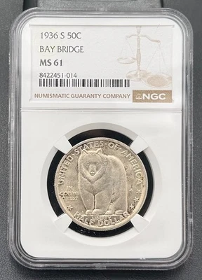1936 S San Francisco Bay Bridge Commemorative Half Dollar NGC MS 61, High Grade - Image 1 of 4