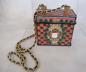 Mary Frances Box Purse Christmas Santa Checkered Red Gold Black Chain Strap - Picture 1 of 8